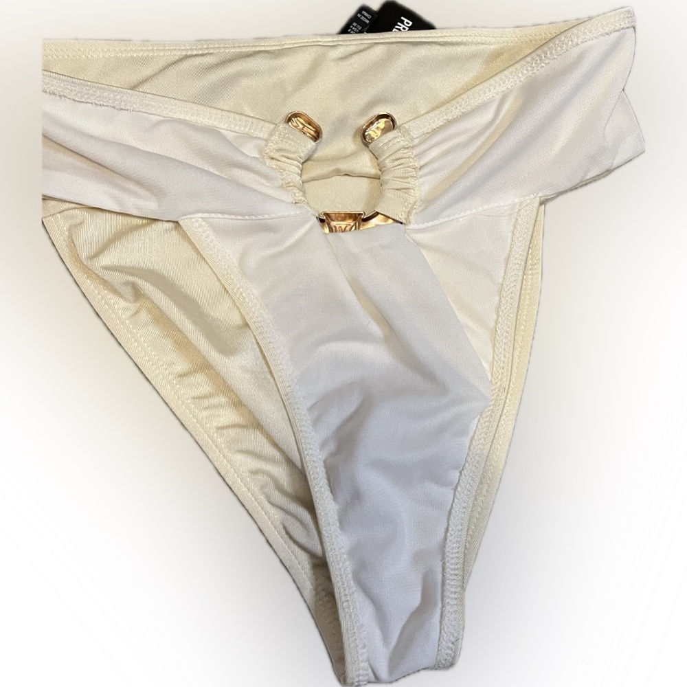 Pretty Little Thing Cream Hammered Trim High Waist Bikini Bottom size 4 - Picture 8 of 11